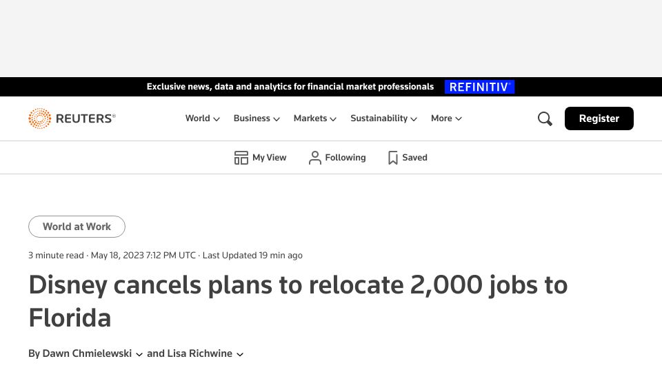 Screenshot of reuters.com: Disney cancels plans to relocate 2,000 jobs to Florida