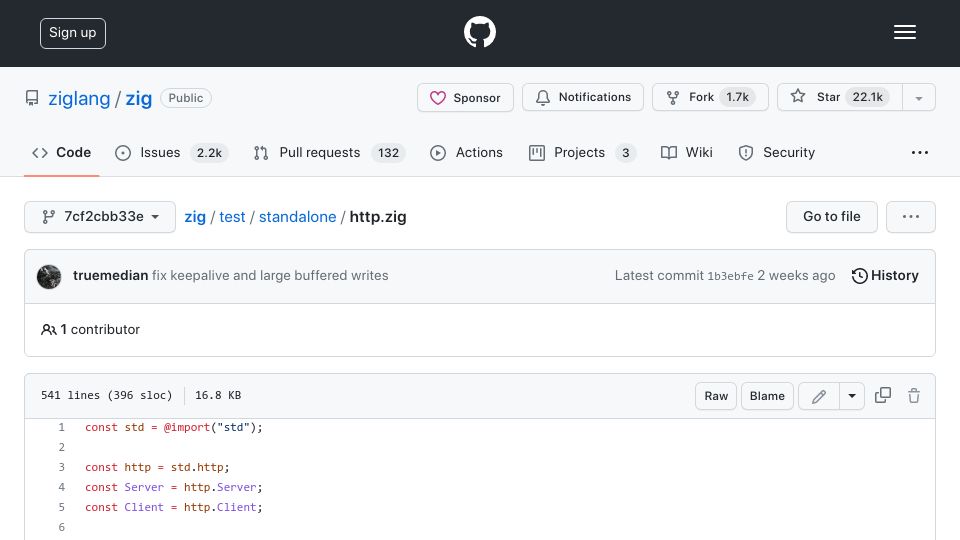 Screenshot of github.com: Zig now has built-in HTTP server and client in std