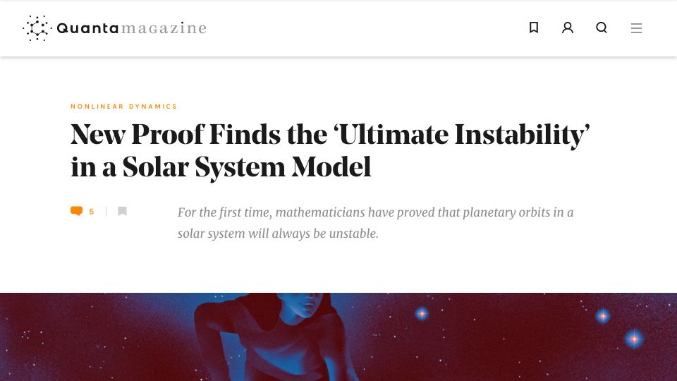 Screenshot of quantamagazine.org: New proof finds the ‘ultimate instability’ in a solar system model