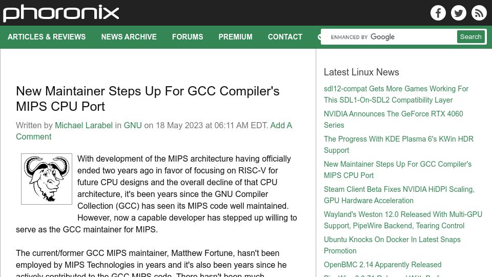 Screenshot of phoronix.com: New Maintainer Steps Up for GCC Compiler's MIPS CPU Port
