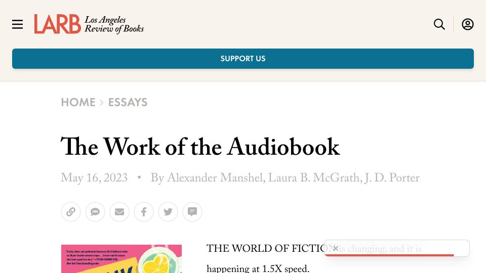 Screenshot of lareviewofbooks.org: The Work of the Audiobook