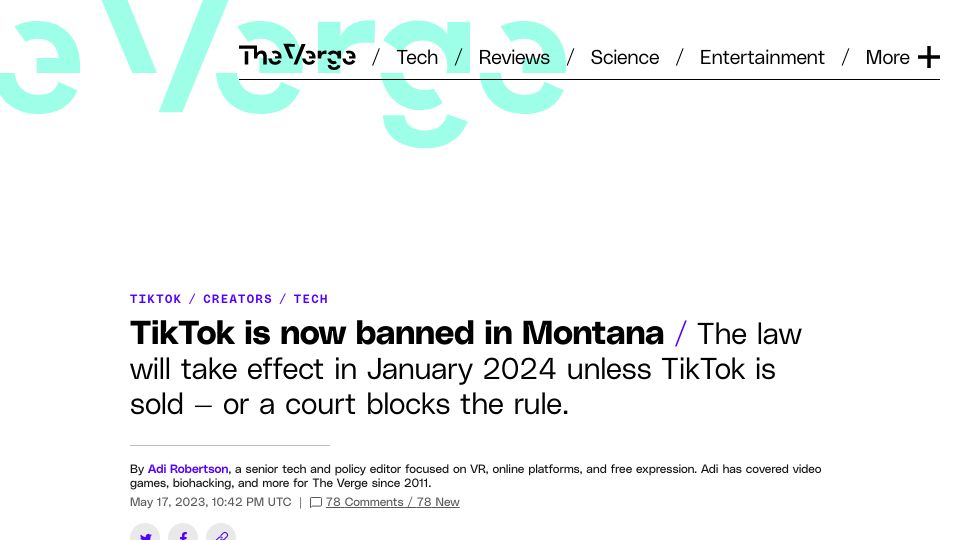 Screenshot of theverge.com: TikTok is now banned in Montana
