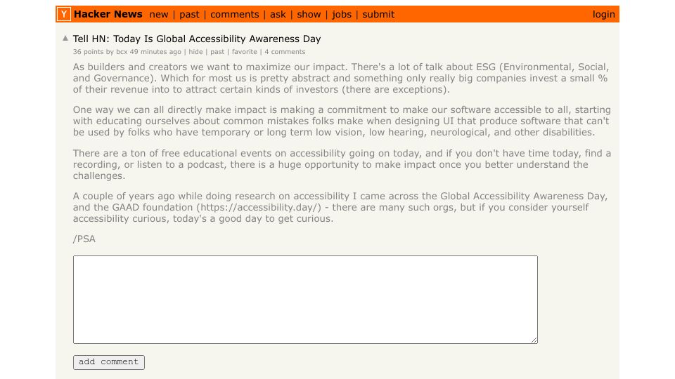 Screenshot of Hacker News post: Tell HN: Today Is Global Accessibility Awareness Day