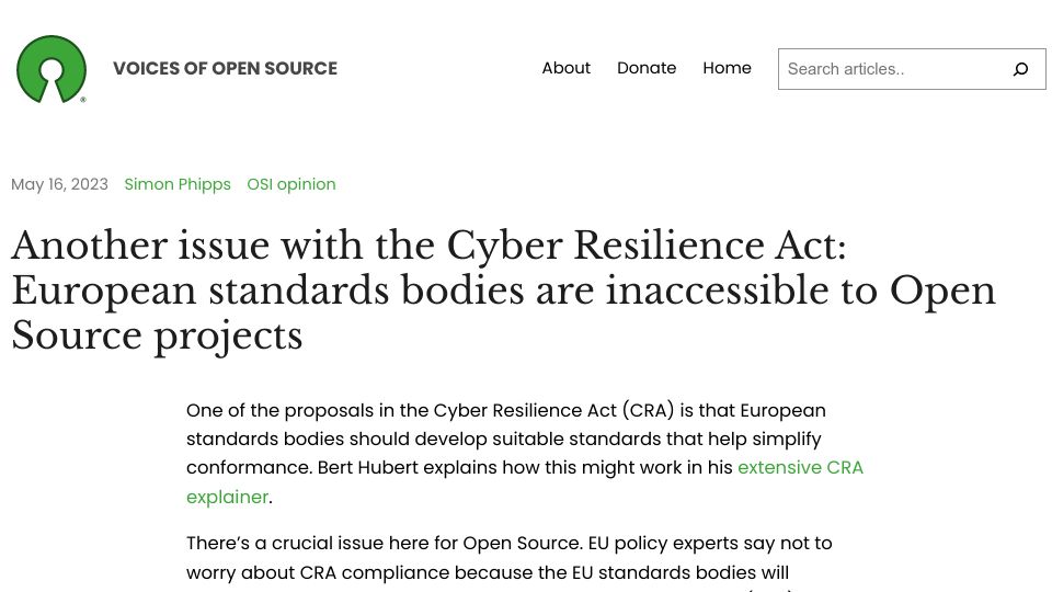 Screenshot of blog.opensource.org: European standards bodies are inaccessible to Open Source projects