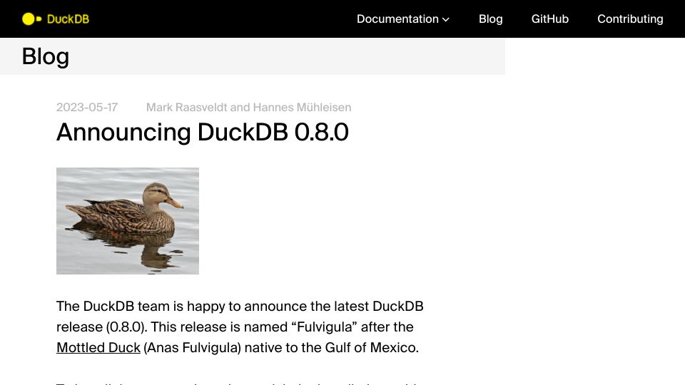 Screenshot of duckdb.org: DuckDB 0.8