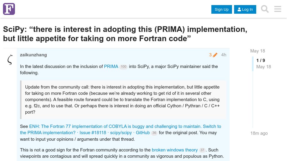 Screenshot of fortran-lang.discourse.group: SciPy: Interested in adopting PRIMA, but little appetite for more Fortran code