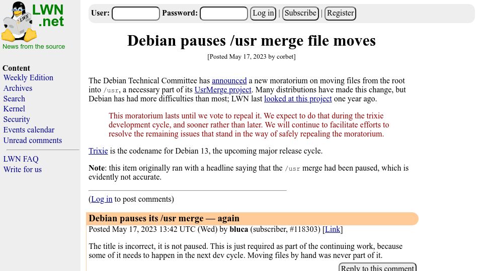 Screenshot of lwn.net: Debian pauses /usr merge file moves