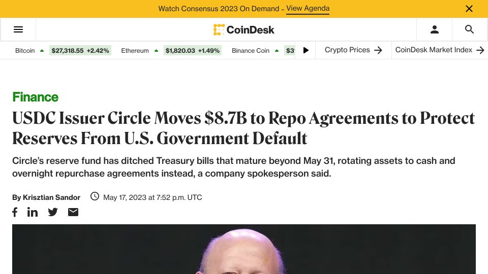 Screenshot of coindesk.com: USDC's Circle Moves $8.7B to Repo Agreements to Protect Reserves from US Default