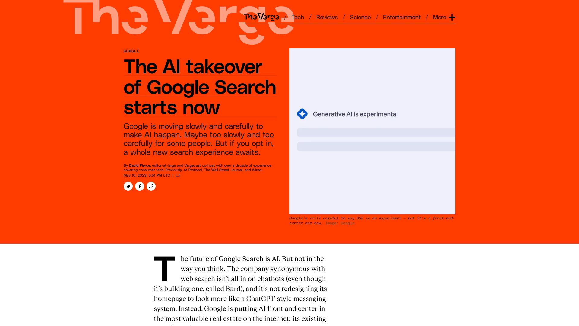 Screenshot of theverge.com: AI is coming to Google search through Search Generative Experience