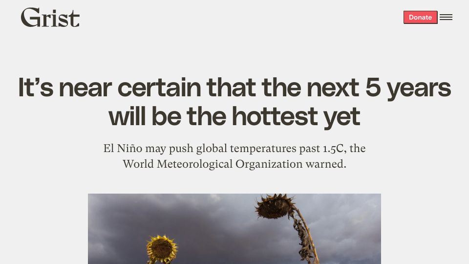 Screenshot of grist.org: The next 5 years will be the hottest yet