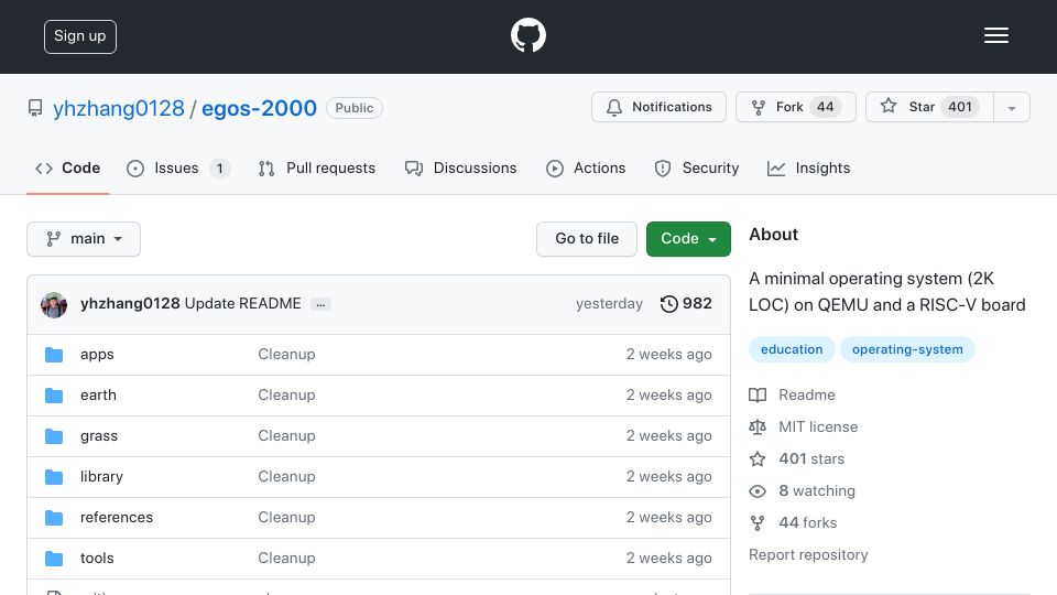 Screenshot of github.com: A minimal operating system (2K LOC) on QEMU and a RISC-V board