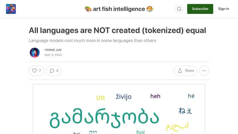 Screenshot of blog.yenniejun.com: Language models cost much more in some languages than others