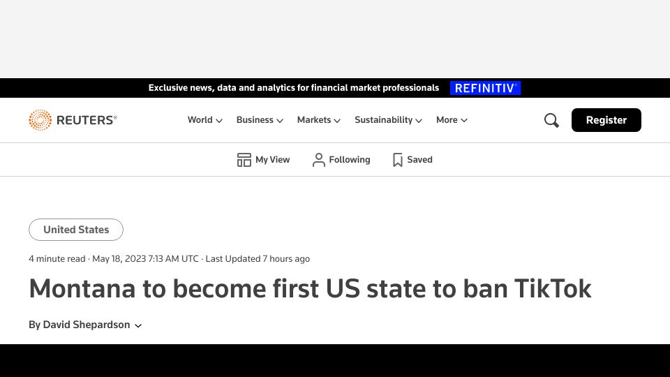Screenshot of reuters.com: Montana becomes first US state to ban TikTok
