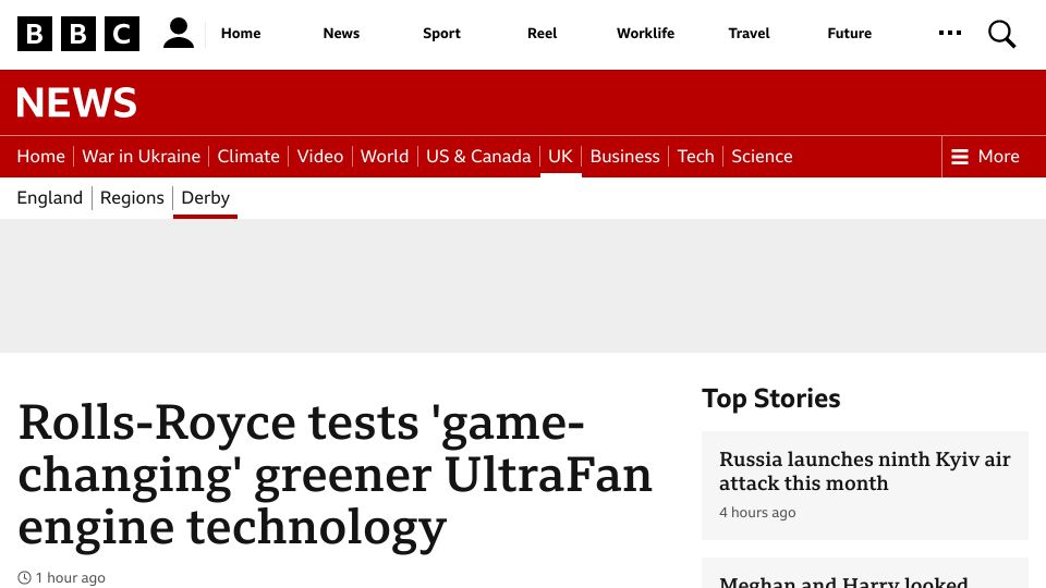Screenshot of bbc.com: Rolls-Royce tests 'game-changing' greener UltraFan engine