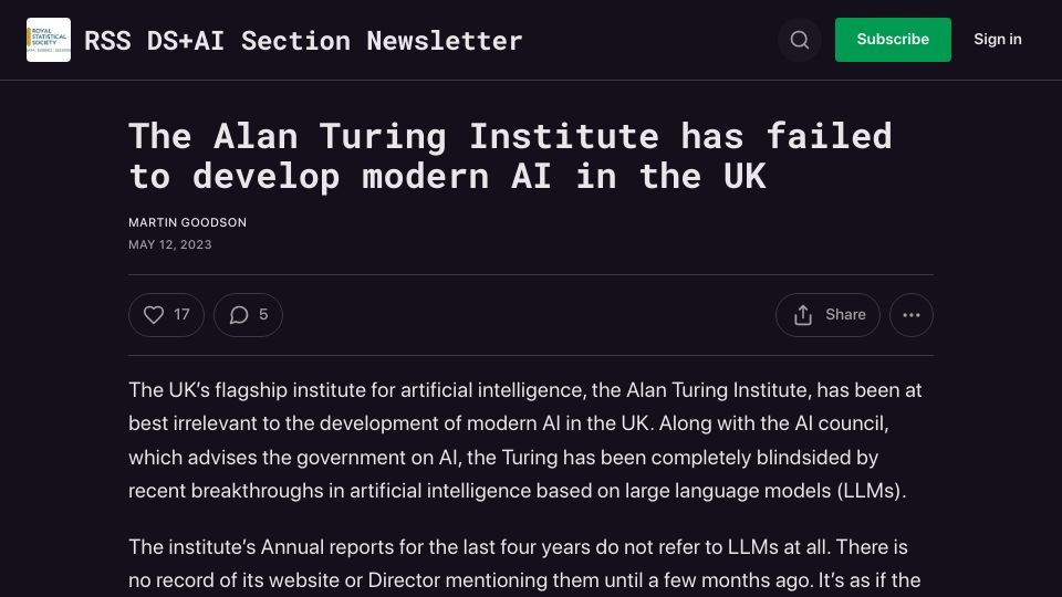 Screenshot of rssdsaisection.substack.com: The Alan Turing Institute has failed to develop modern AI in the UK
