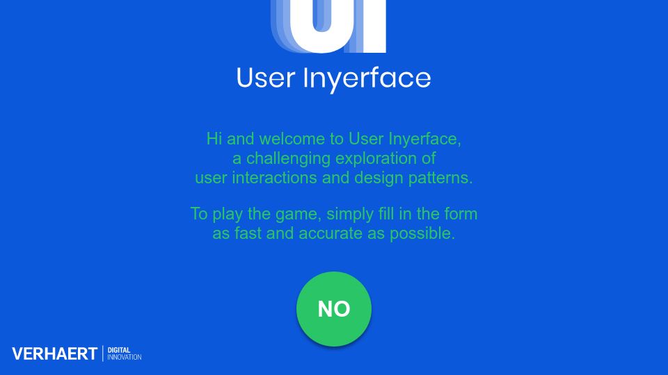 Screenshot of userinyerface.com: User In Yer Face, a worst-practise UI experiment (2018)