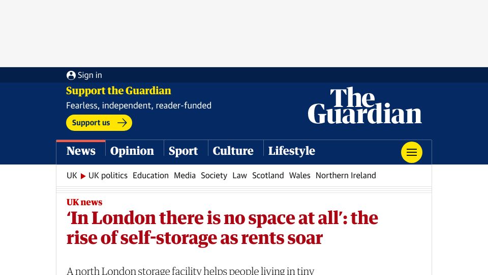 Screenshot of theguardian.com: ‘In London there is no space at all’: the rise of self-storage as rents soar