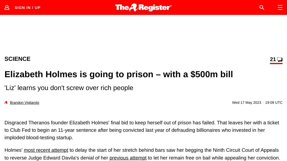 Screenshot of theregister.com: Elizabeth Holmes is going to prison – with a $500M bill