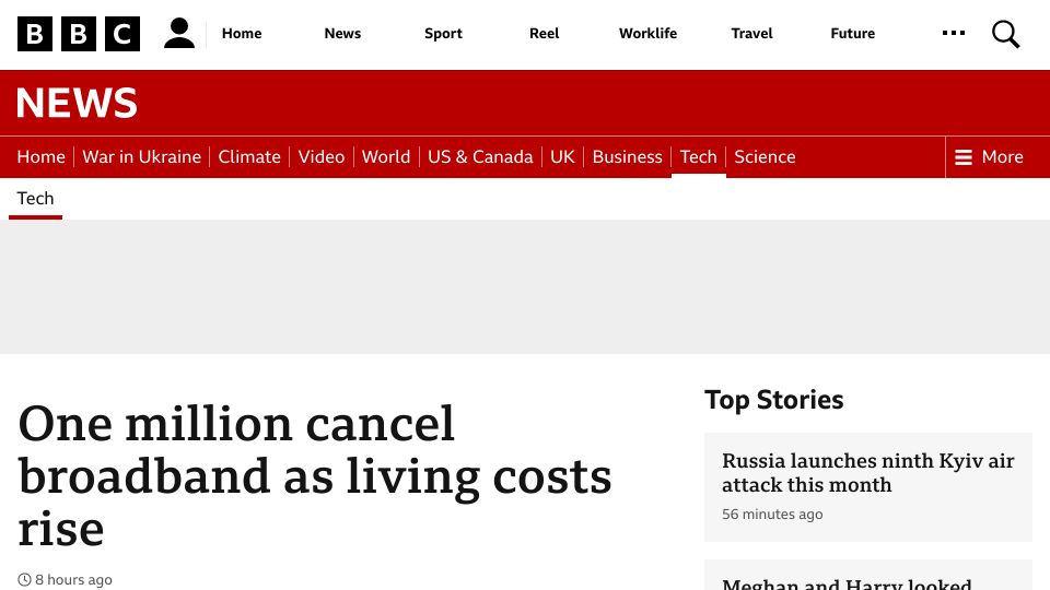 Screenshot of bbc.com: One million cancel broadband as living costs rise