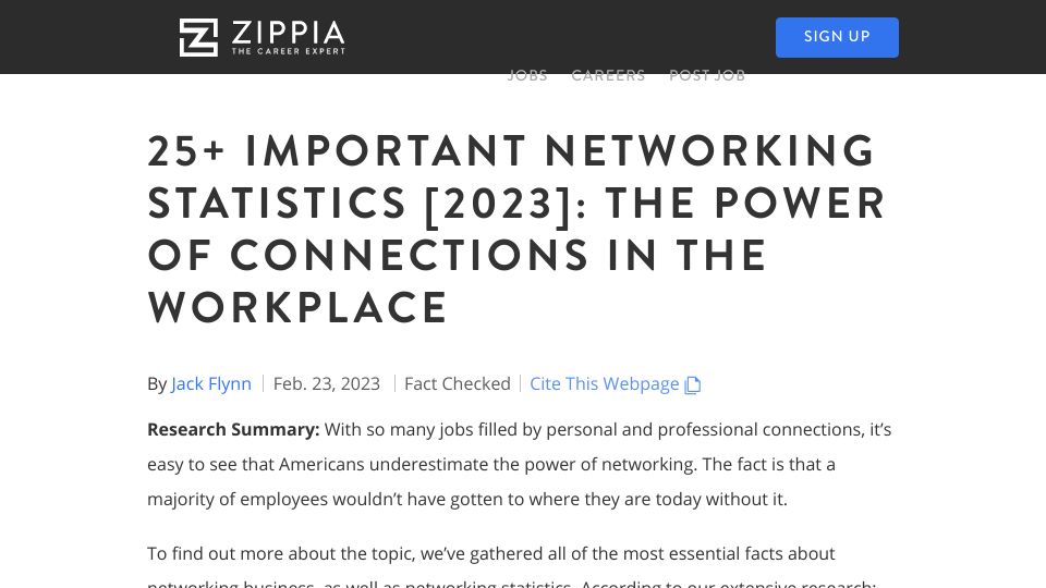 Screenshot of zippia.com: 85% of jobs are filled via networking