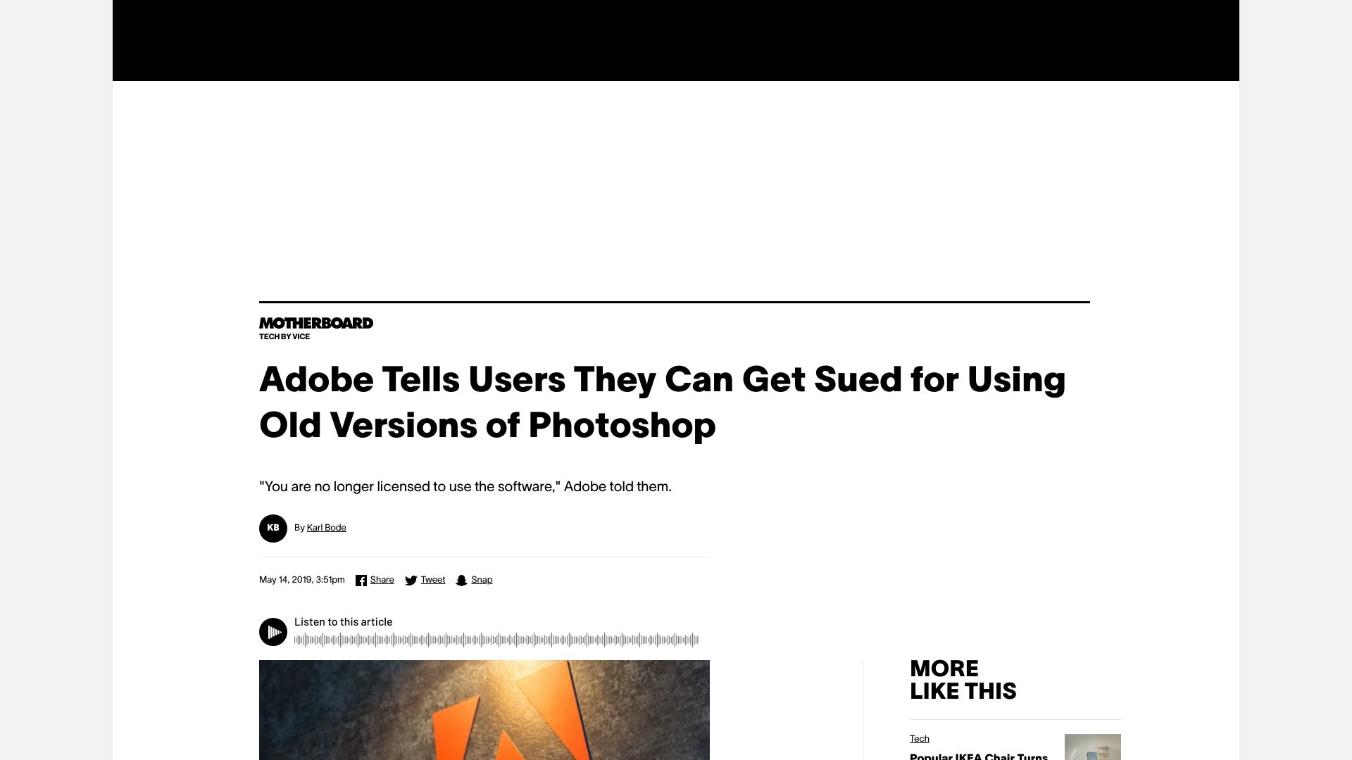 Screenshot of vice.com: Adobe Tells Users They Can Get Sued for Using Old Versions of Photoshop