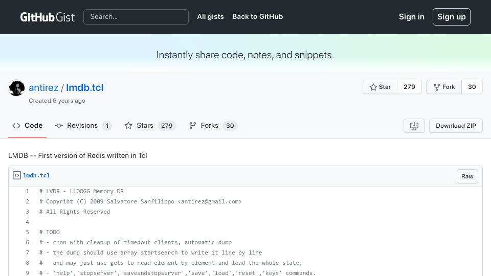 Screenshot of gist.github.com: LMDB: The first version of Redis, written in Tcl (2009)