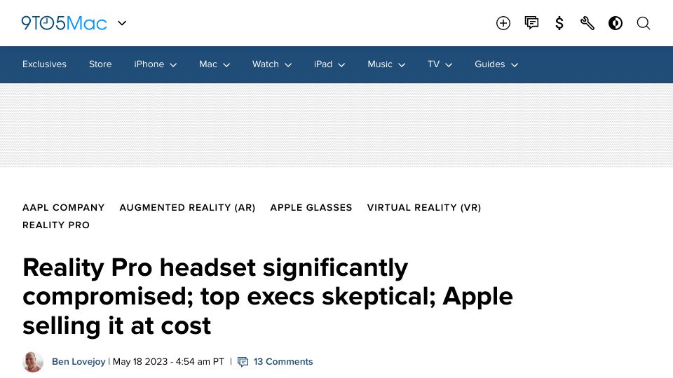 Screenshot of bloomberg.com: Apple’s new headset meets reality