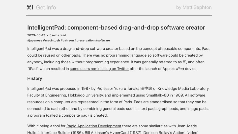 Screenshot of blog.gingerbeardman.com: IntelligentPad (1989): a component-based drag-and-drop software creator