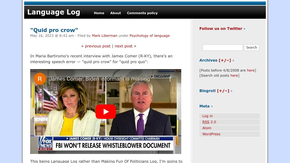 Screenshot of languagelog.ldc.upenn.edu: Quid Pro Crow
