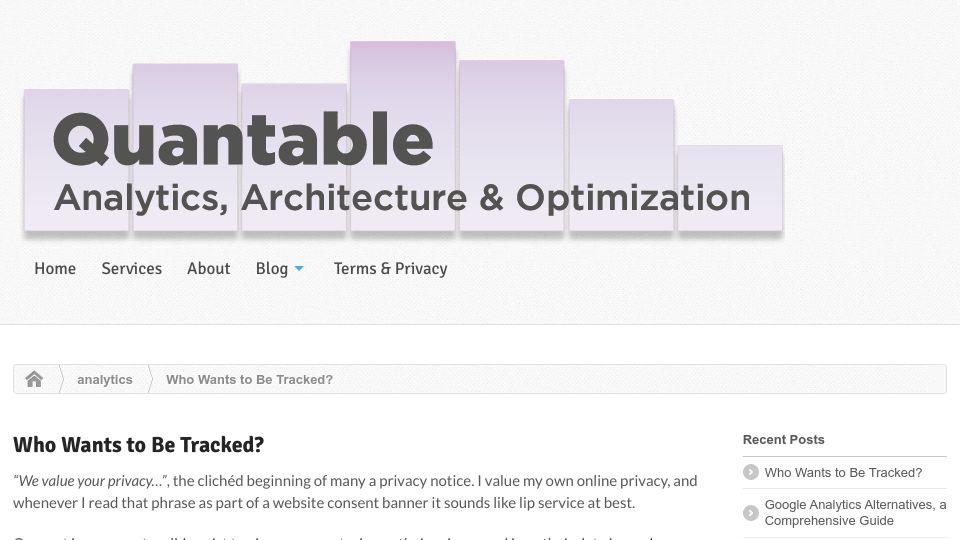 Screenshot of quantable.com: Who wants to be tracked?
