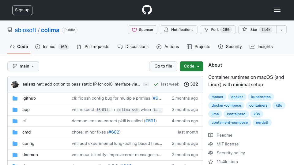 Screenshot of github.com: Colima: Container runtimes on macOS (and Linux) with minimal setup
