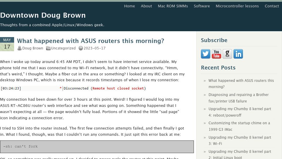 Screenshot of downtowndougbrown.com: What happened with ASUS routers this morning?