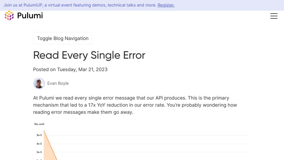 Screenshot of pulumi.com: Read Every Single Error