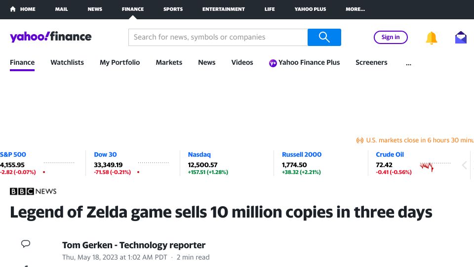 Screenshot of finance.yahoo.com: Legend of Zelda game sells 10M copies in three days