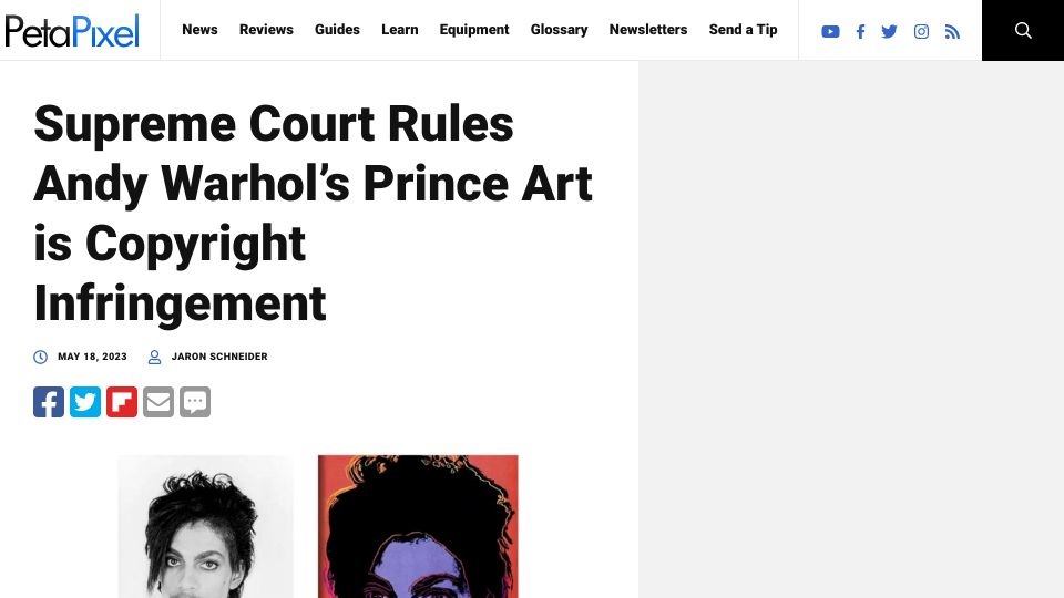Screenshot of petapixel.com: Supreme Court rules Andy Warhol’s Prince art is copyright infringement