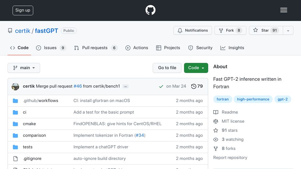 Screenshot of github.com: Fast GPT-2 inference written in Fortran