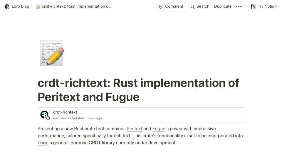 Screenshot of loro-dev.notion.site: CRDT-richtext: Rust implementation of Peritext and Fugue