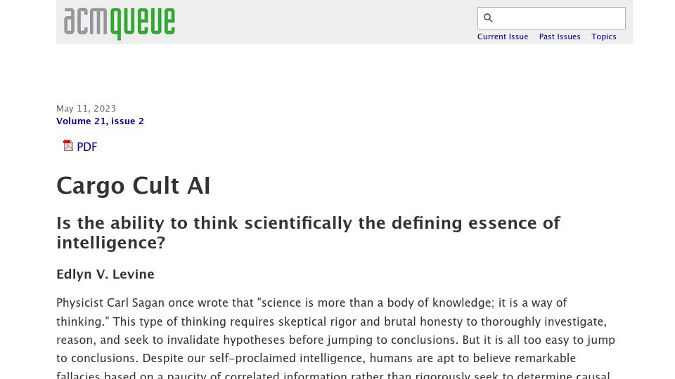 Screenshot of queue.acm.org: Cargo Cult AI