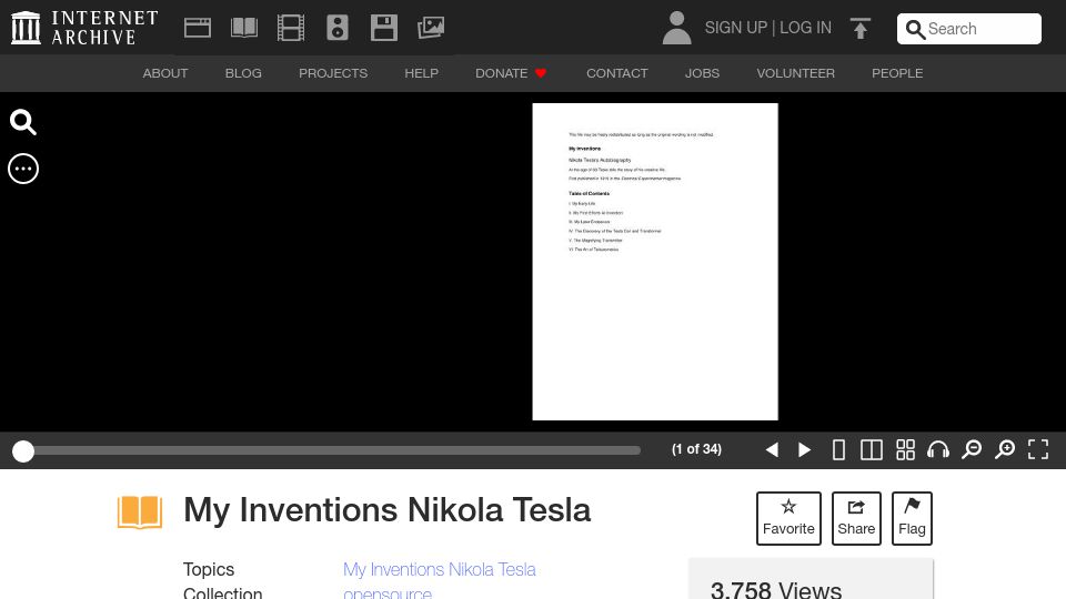 Screenshot of archive.org: My Inventions – Nikola Tesla (1919)