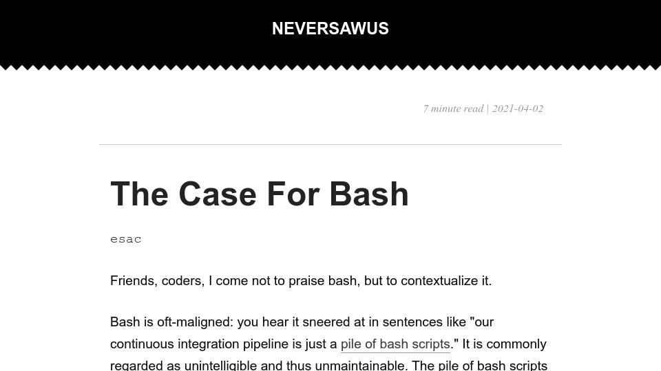 Screenshot of neversaw.us: The Case for Bash (2021)