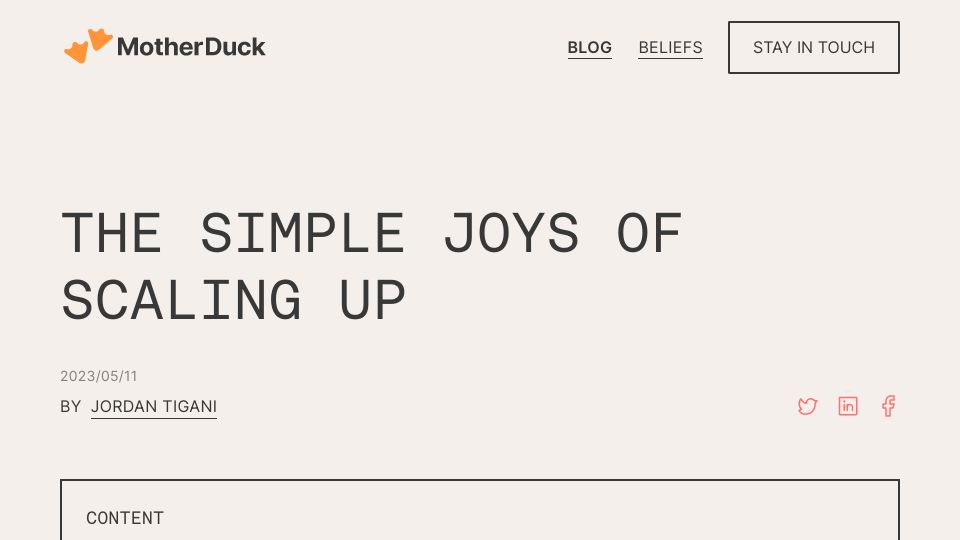 Screenshot of motherduck.com: The simple joys of scaling up