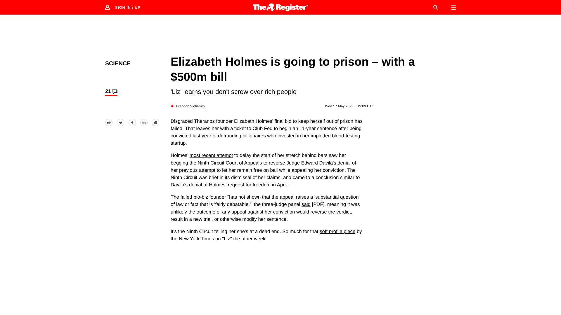 Screenshot of theregister.com: Elizabeth Holmes is going to prison – with a $500M bill