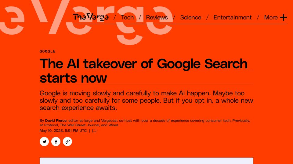 Screenshot of theverge.com: AI is coming to Google search through Search Generative Experience