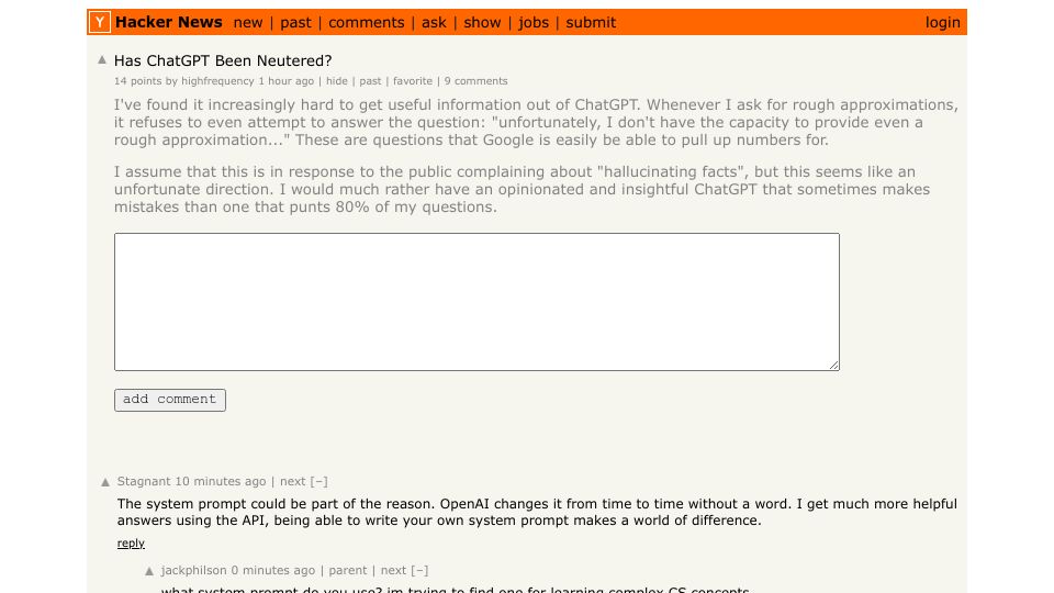 Screenshot of Hacker News post: Has ChatGPT Been Neutered?