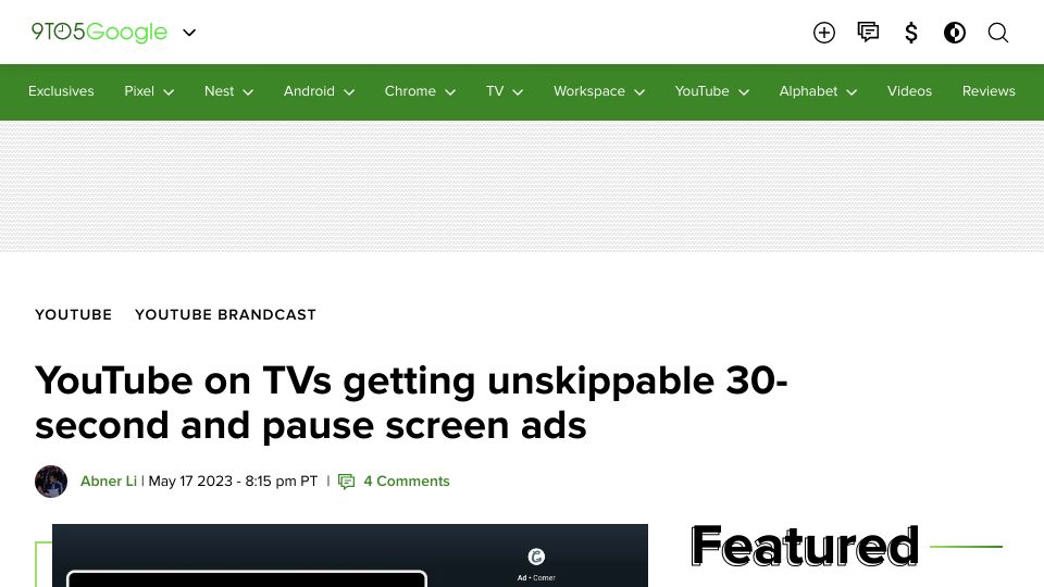 Screenshot of 9to5google.com: YouTube on TVs getting unskippable 30-second and pause screen ads