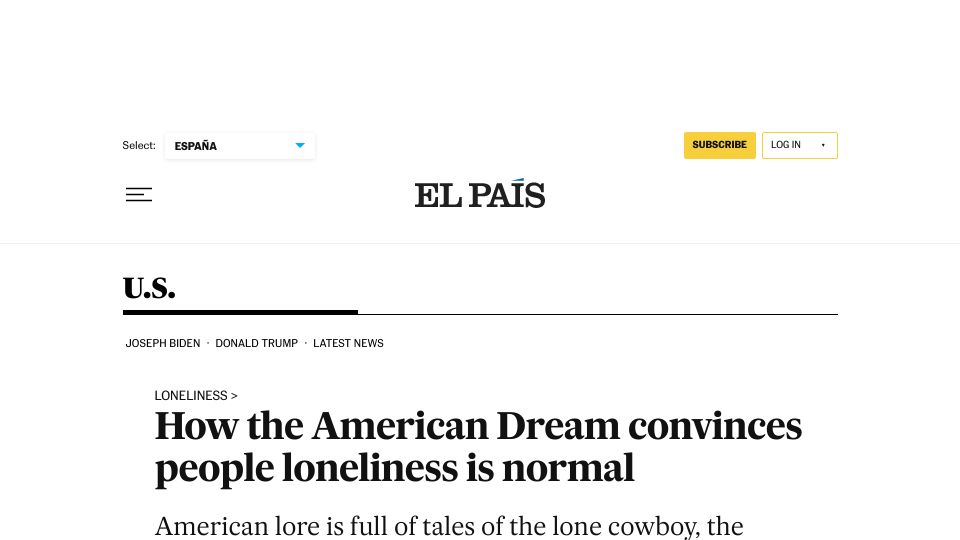 Screenshot of english.elpais.com: The American Dream convinces people loneliness is normal