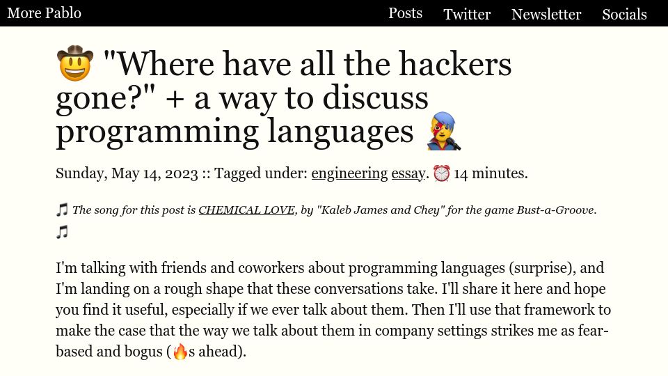 Screenshot of morepablo.com: Where have all the hackers gone?