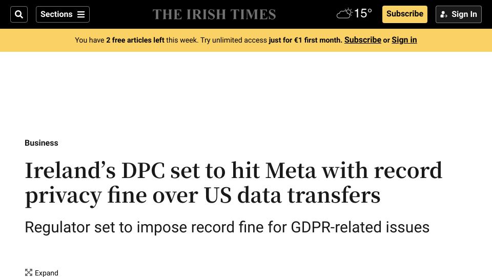 Screenshot of irishtimes.com: Ireland’s DPC set to hit Meta with record privacy fine over US data transfers