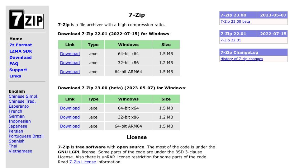 Screenshot of 7-zip.org: Seven.zip