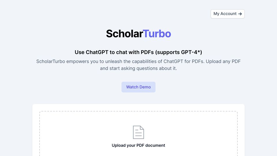 Screenshot of scholarturbo.com: ScholarTurbo: Use ChatGPT to chat with PDFs (supports GPT-4)